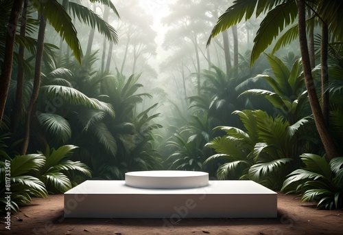 A tropical forest with a round table and a round table with a circle with a palm tree in the background