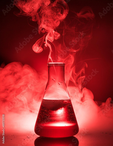 Glass conical Erlenmeyer flask, transparent test tube with smoke effect. Chemical laboratory.