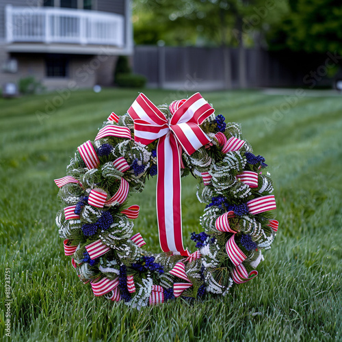 Timeless Memorial Day wreath adorned with ribbons on a manicured lawn. photo