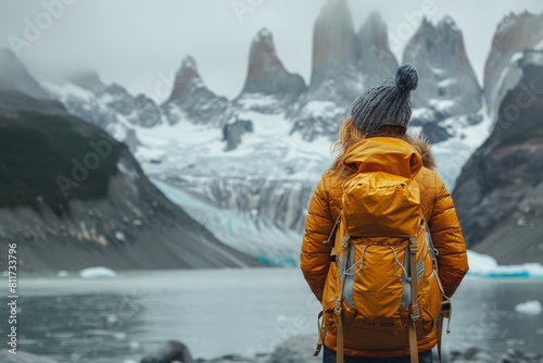 An adventurer gazes at iconic peaks with a glacier in the foreground, showcasing nature's grandeur and scale