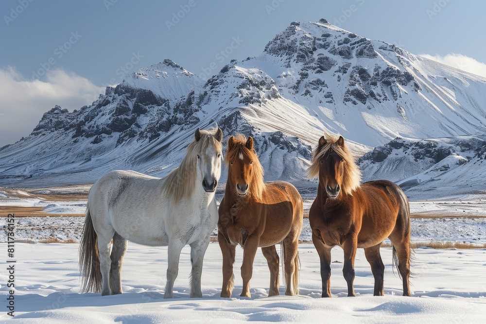 Striking image showcasing the beauty of three Icelandic horses standing ...