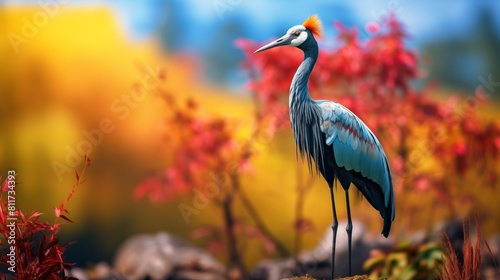 Crowned crane standing gracefully among vibrant red and yellow autumn leaves.