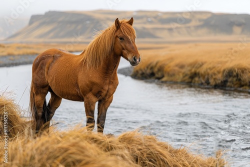 A chestnut Icelandic horse stands near a tranquil river stream  framed by autumnal grasses and distant hills