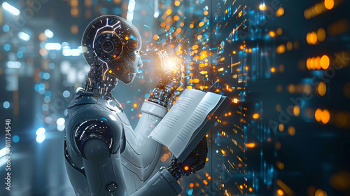 An AI robot holding an open book with blue pages on the background, surrounded by digital code and letters. The color scheme is white for contrast against light blue background. Generative AI. photo