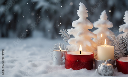 Christmas candle on the snow, winter landscape, generative ai photo