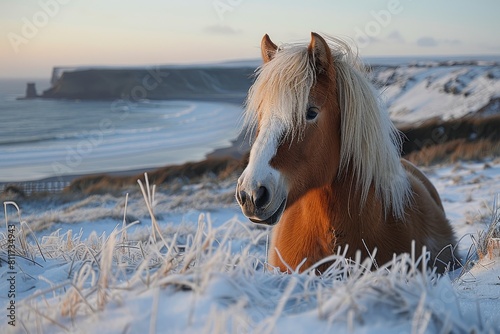 A majestic palomino horse with a thick mane stands in sharp focus against a snowy coastal backdrop and cliffs