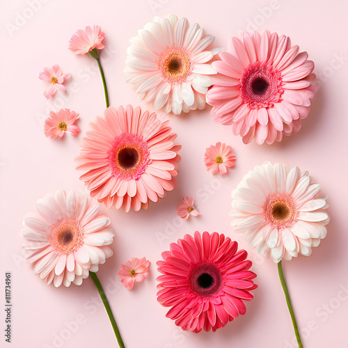 flat lay composition with beautiful gerbera flowers on pale pink background space for text,generate ai