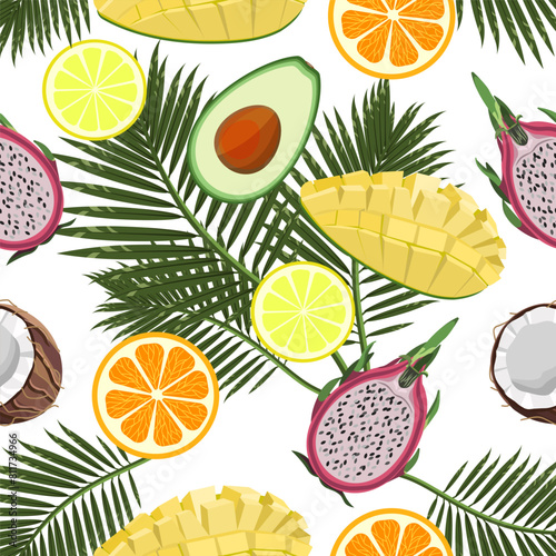 Seamless pattern of half fruits on tropical leaves. Orange, mango, lemon, coconut, dragon fruit, avocado. Vector pattern for textiles, banners, screensavers.