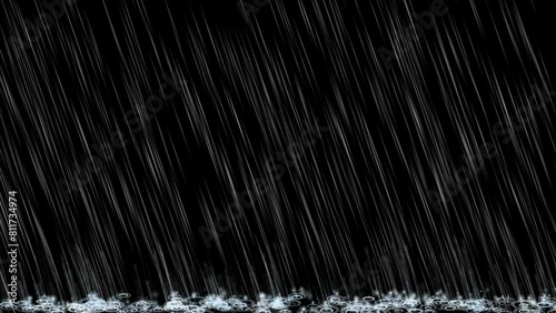 Rain is falling with black background, Raindrops splashing on the ground, 4k motion footage