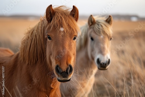 Two horses in focus, with the forefront one gazing into the camera against a serene natural backdrop