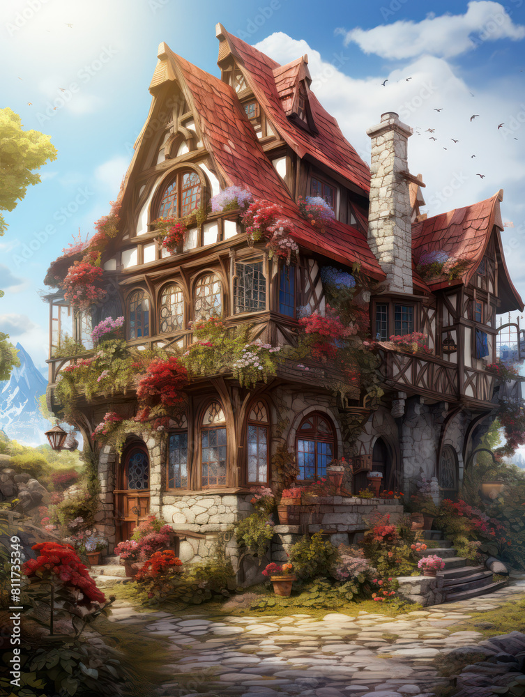 Fototapeta premium Cabin in the Wood, Cartoon Illustration, Generative AI