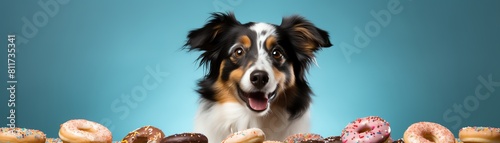 A cute and funny image of a dog looking up at a table full of donuts. The dog has a big smile on its face and is clearly excited about the prospect of eating some donuts.