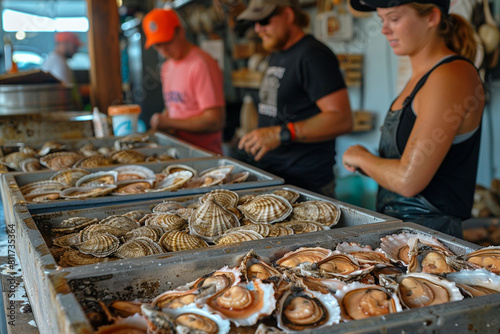 Busy Seafood Market Scene. Workers sorting and preparing fresh oysters for sale.