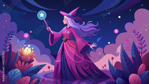 Enchanting Sorceress Casting Magic Spell in Mystical Forest at Night