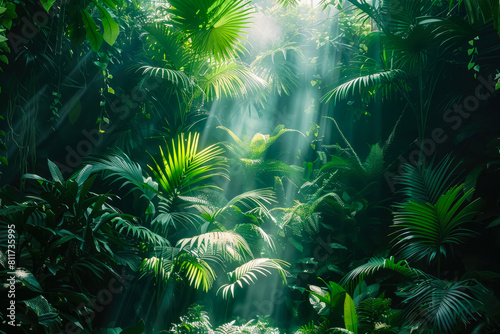 beautiful jungle background. palm green leaves and tropical flowers. dense tropical jungle in the sun s rays