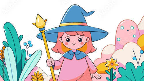 Cheerful Young Witch with Magic Staff in Whimsical Garden Illustration