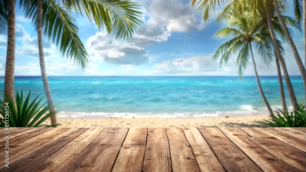 empty wooden table for products beach background with palm trees and blue sky