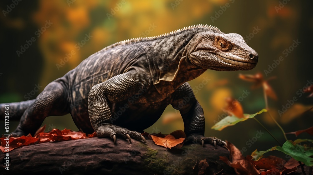 Obraz premium Komodo dragon resting on a rock with a blurred jungle background.