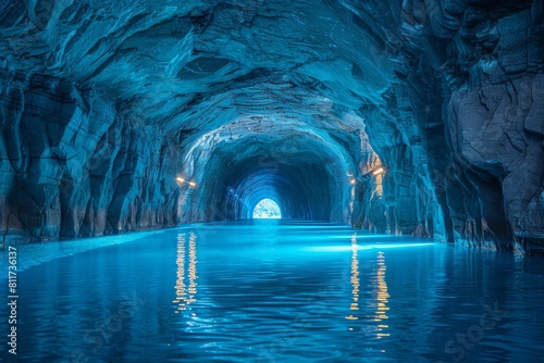 An underwater cavernous tunnel elegantly lit, creating a peaceful adventure beneath the surface photo
