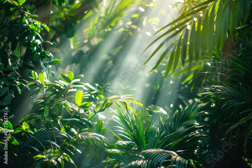 beautiful jungle background. palm green leaves and tropical flowers. dense tropical jungle in the sun s rays