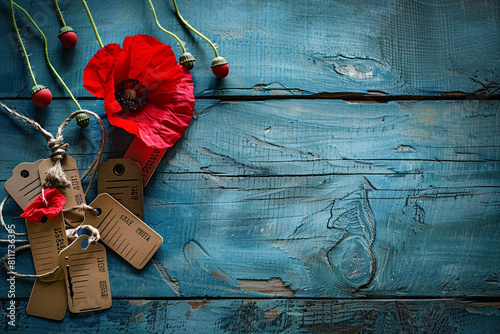 Rustic blue wooden table with a red remembrance poppy and military tags  Memorial Day. photo