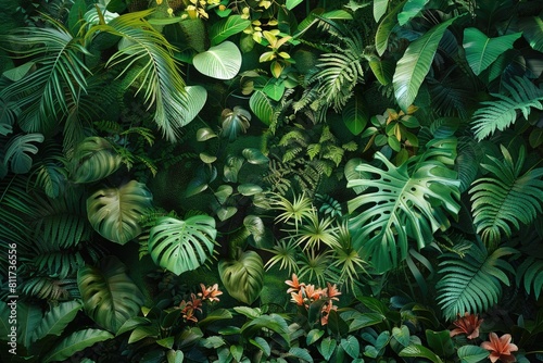 beautiful jungle background. palm green leaves and tropical flowers. dense tropical jungle in the sun's rays