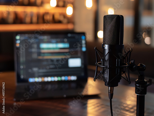 Home studio podcast interior. Microphone, laptop on the table, close-up banner 