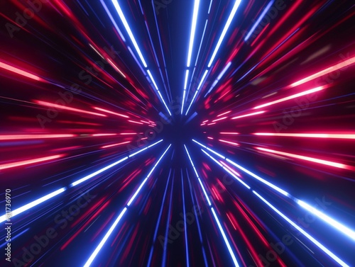 Neon red and blue lights speed towards the observer as if traveling at warp speed. photo