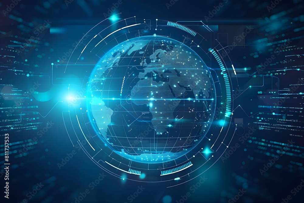 Glowing Holographic Earth Globe on Blue Background - Global Business Technology Concept - World Map Glowing Holographic Earth Globe on Blue Background - Global Business Technology Concept - World Map