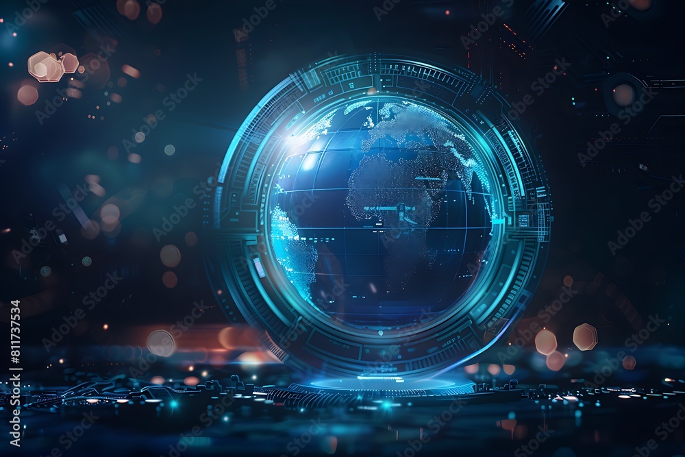 Glowing Holographic Earth Globe on Blue Background - Global Business Technology Concept - World Map Glowing Holographic Earth Globe on Blue Background - Global Business Technology Concept - World Map