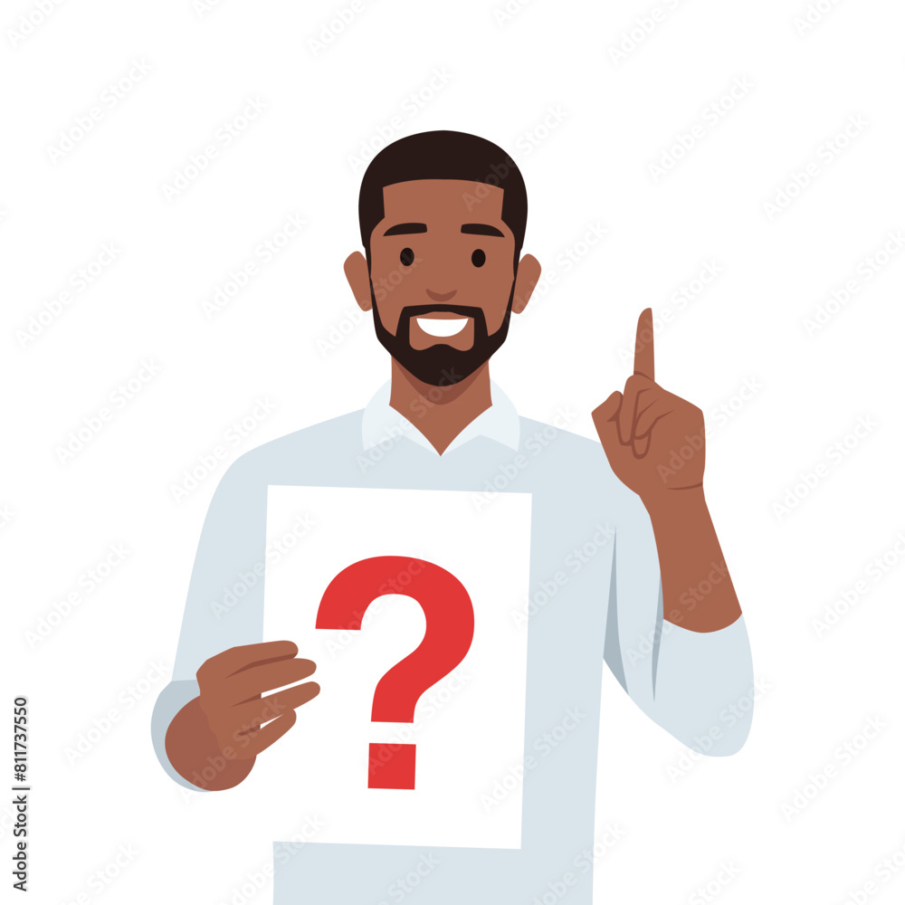 Young man holding question mark in think bubble and finding new idea pointing finger up Young man holding question mark in think bubble and finding new idea pointing finger up