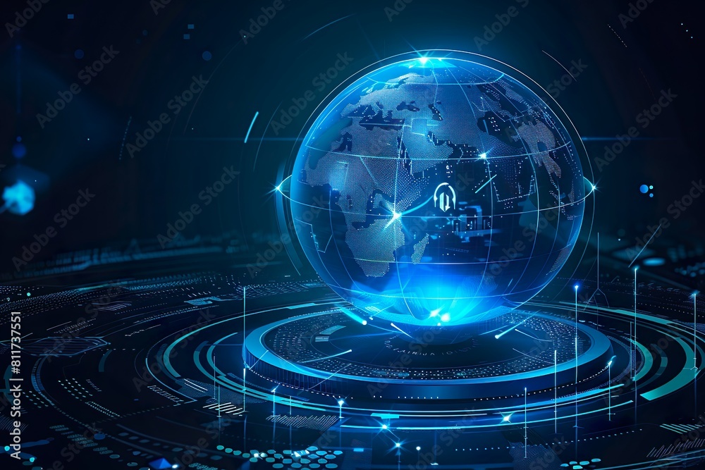 Obraz premium Glowing Holographic Earth Globe on Blue Background - Global Business Technology Concept - World Map