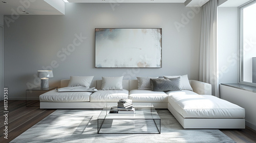 A minimalist living room featuring a sleek white couch, a modern glass coffee table, and a statement art piece on the wall.