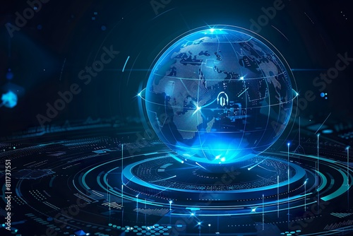 Glowing Holographic Earth Globe on Blue Background - Global Business Technology Concept - World Map