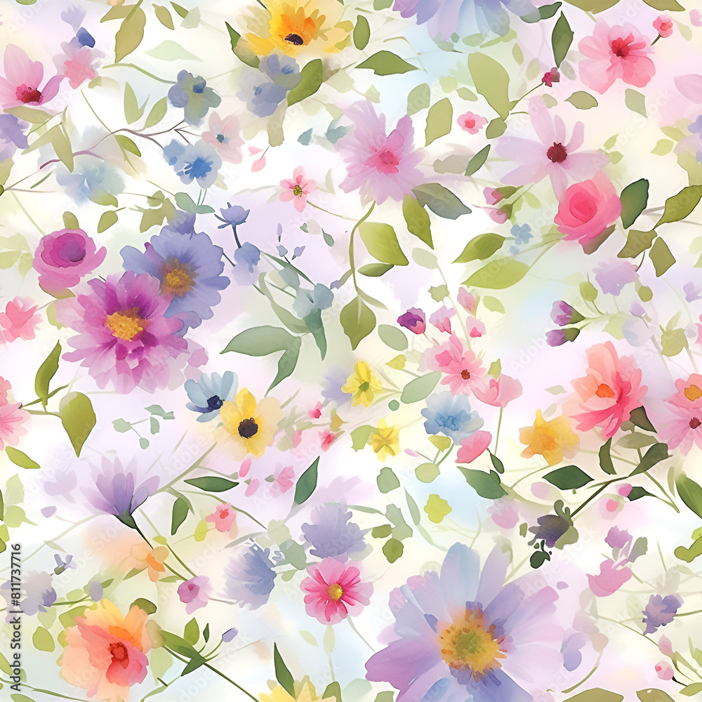 Seamless pattern with watercolor flowers, Continuous in four directions Seamless pattern with watercolor flowers, Continuous in four directions