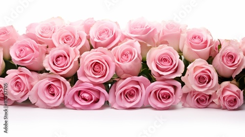 Bunch bouquet of pink roses isolated on white background panorama banner.