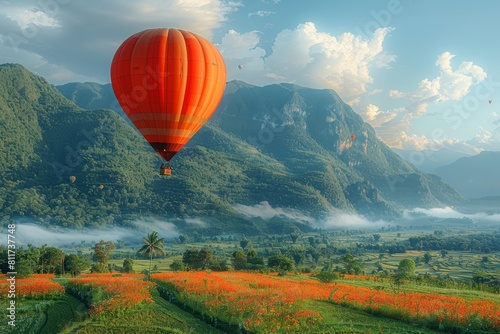 Tranquil scene with a red hot air balloon gently gliding over a verdant landscape, radiating peaceful exploration moments