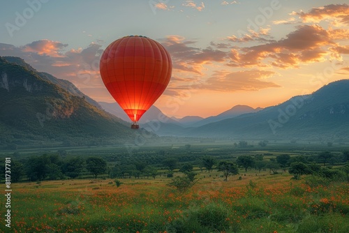 Breathtaking hot air balloon preparing to land on a stunning flowery plain during a beautiful sunset  depicting a tranquil end to an adventure