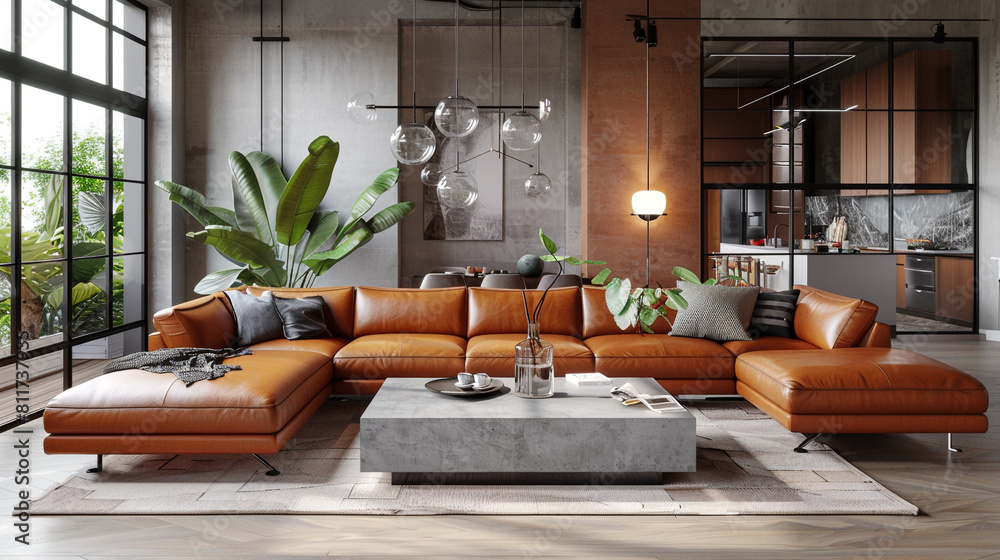 A modern living room with a statement leather sectional, a concrete coffee table, and industrial-inspired lighting.