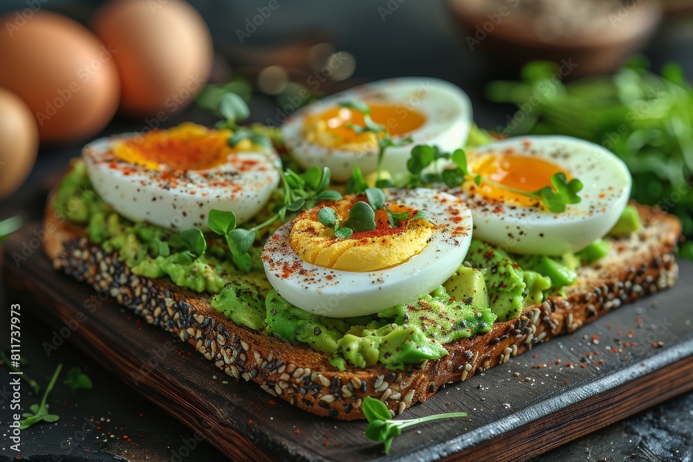Avocado spread and boiled eggs on seeded bread served with microgreens creating a visually appealing and nutritious meal