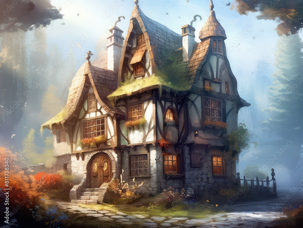 Obraz premium Cabin in the Wood, Cartoon Illustration, Generative AI