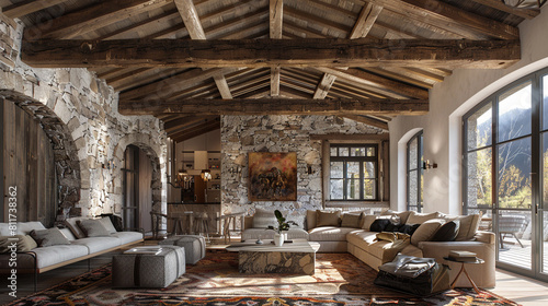 A rustic living room with a stone wall and a wooden beam ceiling