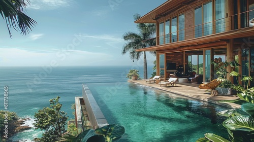 A luxurious beach house with wooden accents and an infinity pool, surrounded by palm trees and clear blue water. The villa has large windows overlooking the ocean. Generative AI. © visoot