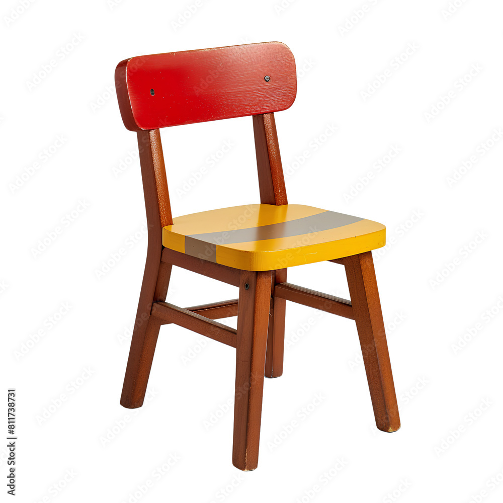 Bright Wooden Children’s Chair with Red Backrest and Striped Yellow Seat for Playroom, isolated, transparent background, white background, no background Bright Wooden Children’s Chair with Red Backrest and Striped Yellow Seat for Playroom, isolated, transparent background, white background, no background