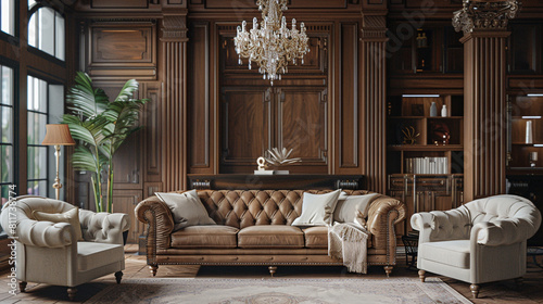 A traditional living room with an elegant chesterfield sofa, a grand chandelier, and rich wooden accents.