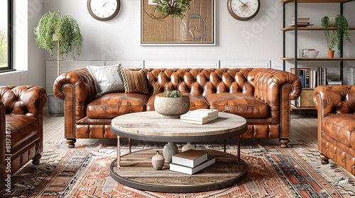 A transitional living room with a tufted leather sofa, a rustic coffee table, and a blend of traditional and modern elements.