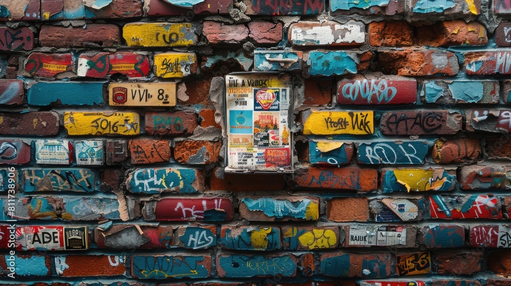 A brick wall adorned with an eclectic mix of graffiti, tags, and old posters.
