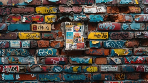 A brick wall adorned with an eclectic mix of graffiti, tags, and old posters.  © banthita166