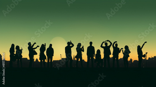 Urban Youth Trend: Group Silhouette Taking Selfie on Cell Phone Banner with Copy Space. Contemporary Lifestyle Concept of Friends Enjoying Social Media Networking Outdoors in City Twilight.