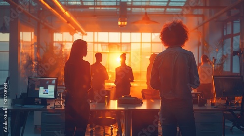 A group of people standing around a desk in an office, soft lighting gradient. Generative AI.